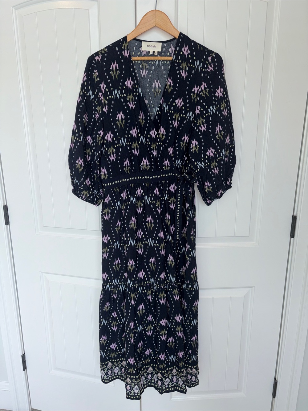 ba&sh Navy Midi Wrap Dress with Lavender and Olive Print